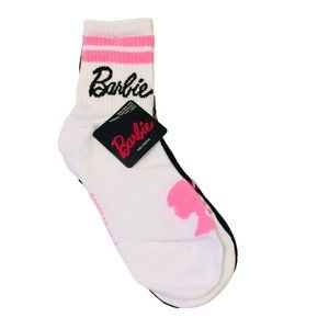 BARBIE Ladies Mid Crew Socks Size 4-10 White Pink Black Set of 2 Pink Silhouette